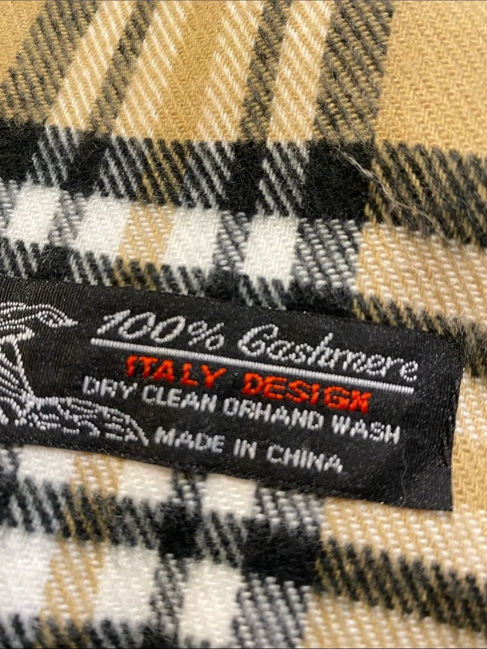 100% Cashmere Italy  Design Classic Check Plaid Scarf - Camel